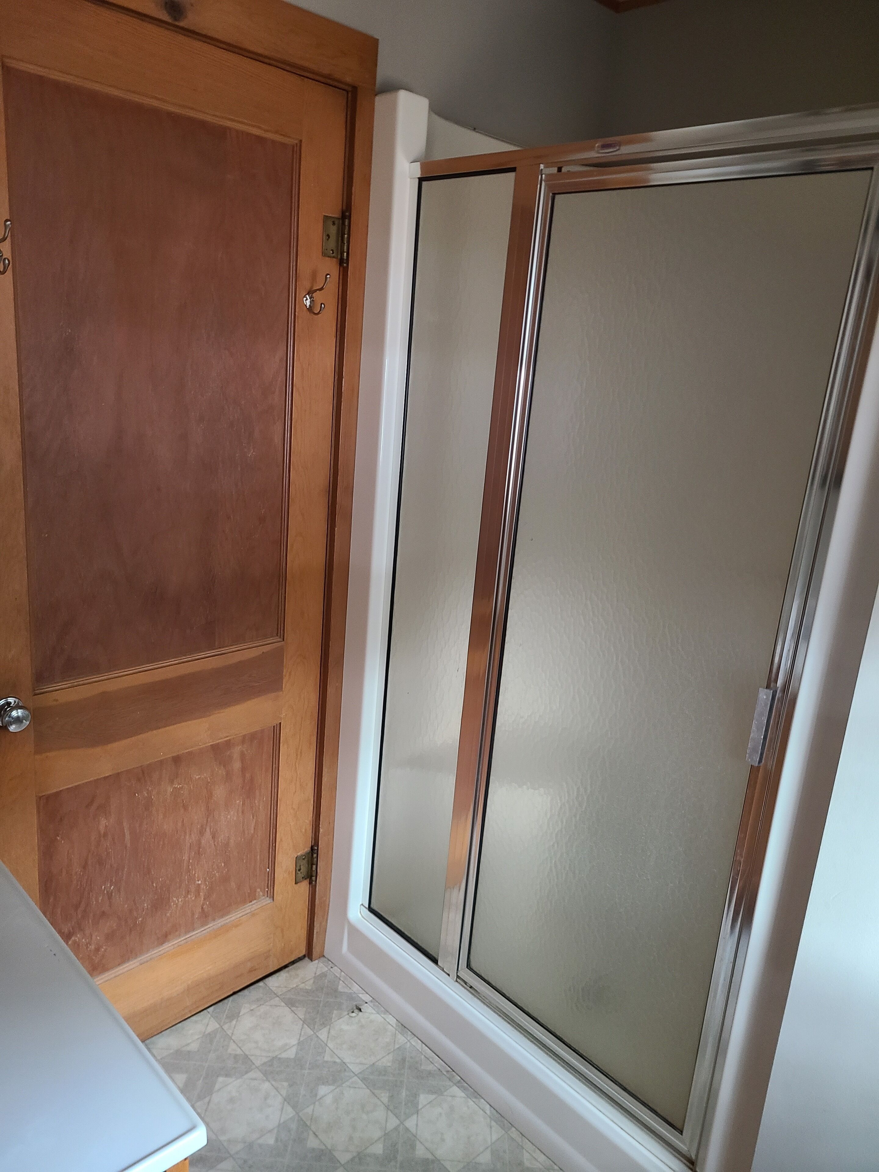 Una habitación con puerta de madera y puerta de cristal satinado.