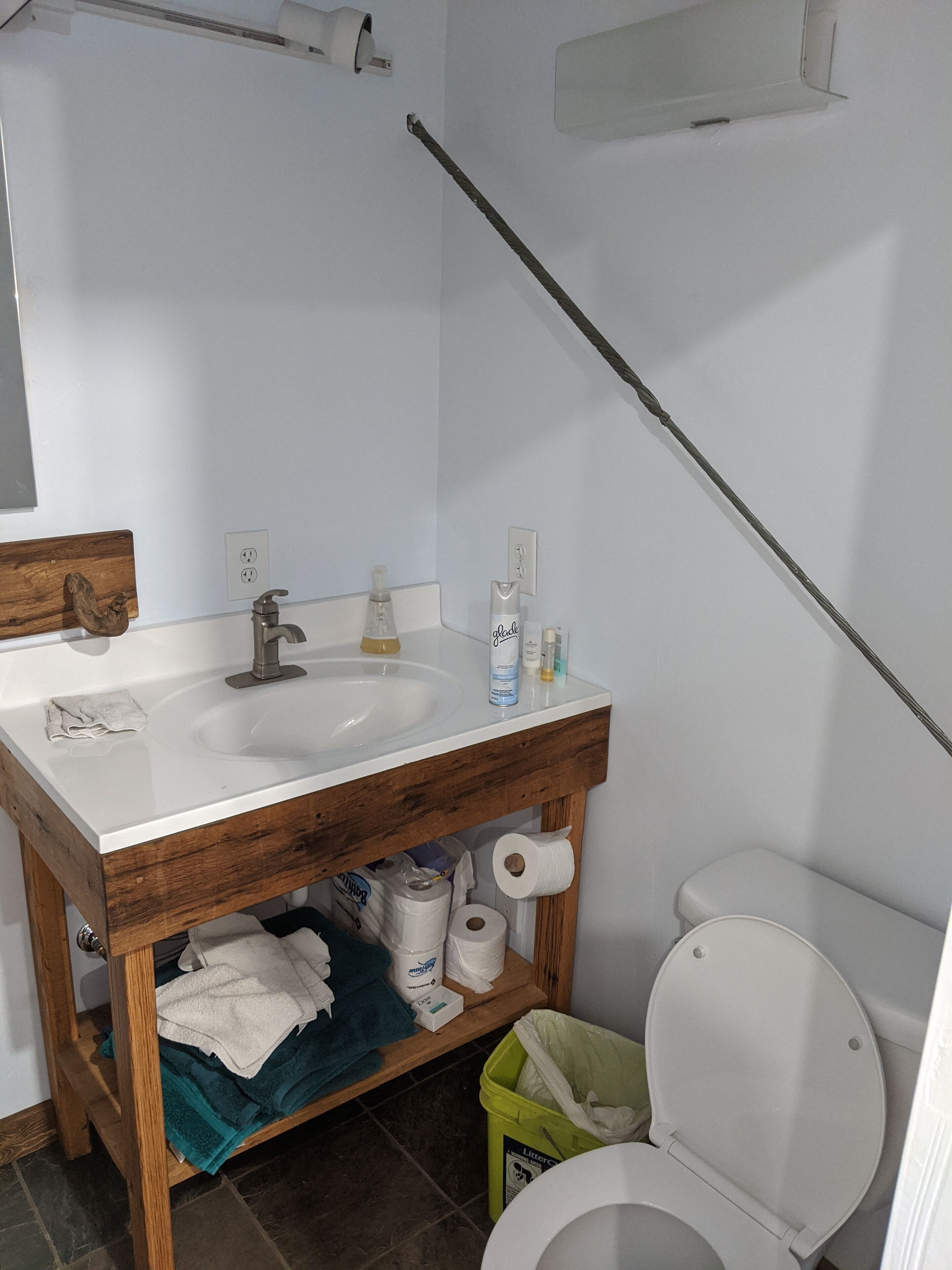 A bathroom with a wooden vanity, a white sink, a mirror, a toilet, and a green trash bin.