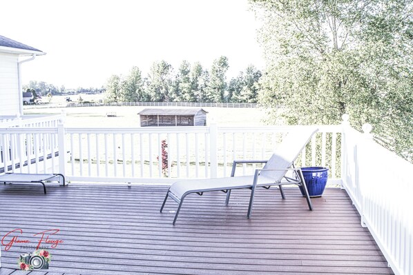A wooden deck with two lounge chairs and a blue pot.