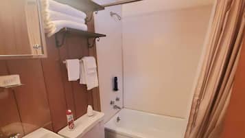 Combined shower/tub, towels, soap, toilet paper