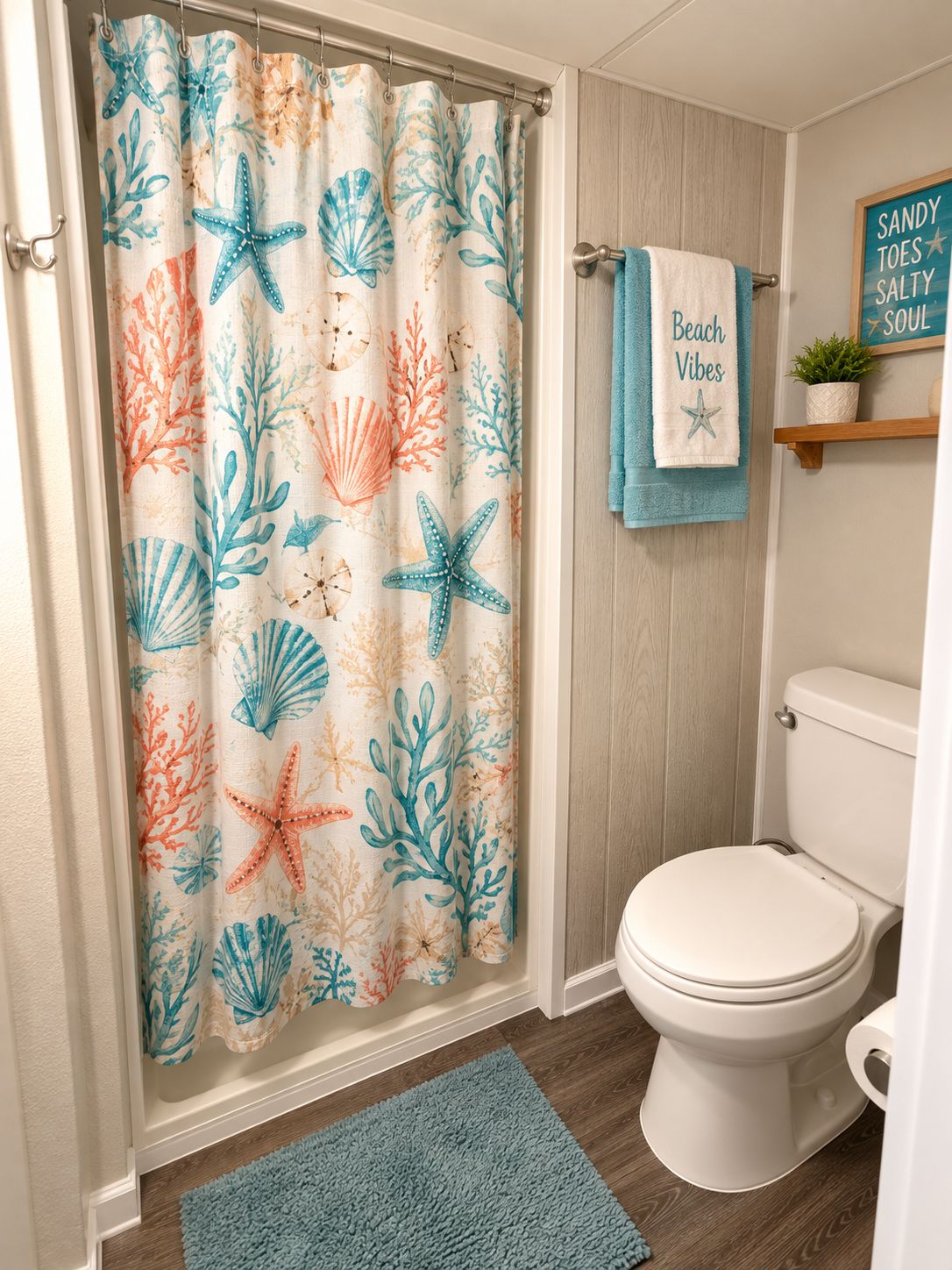 A bathroom with a shower curtain featuring a sea-themed pattern, a toilet, a blue rug, and a towel rack with a towel.
