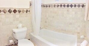 Bathtub, towels, soap, toilet paper