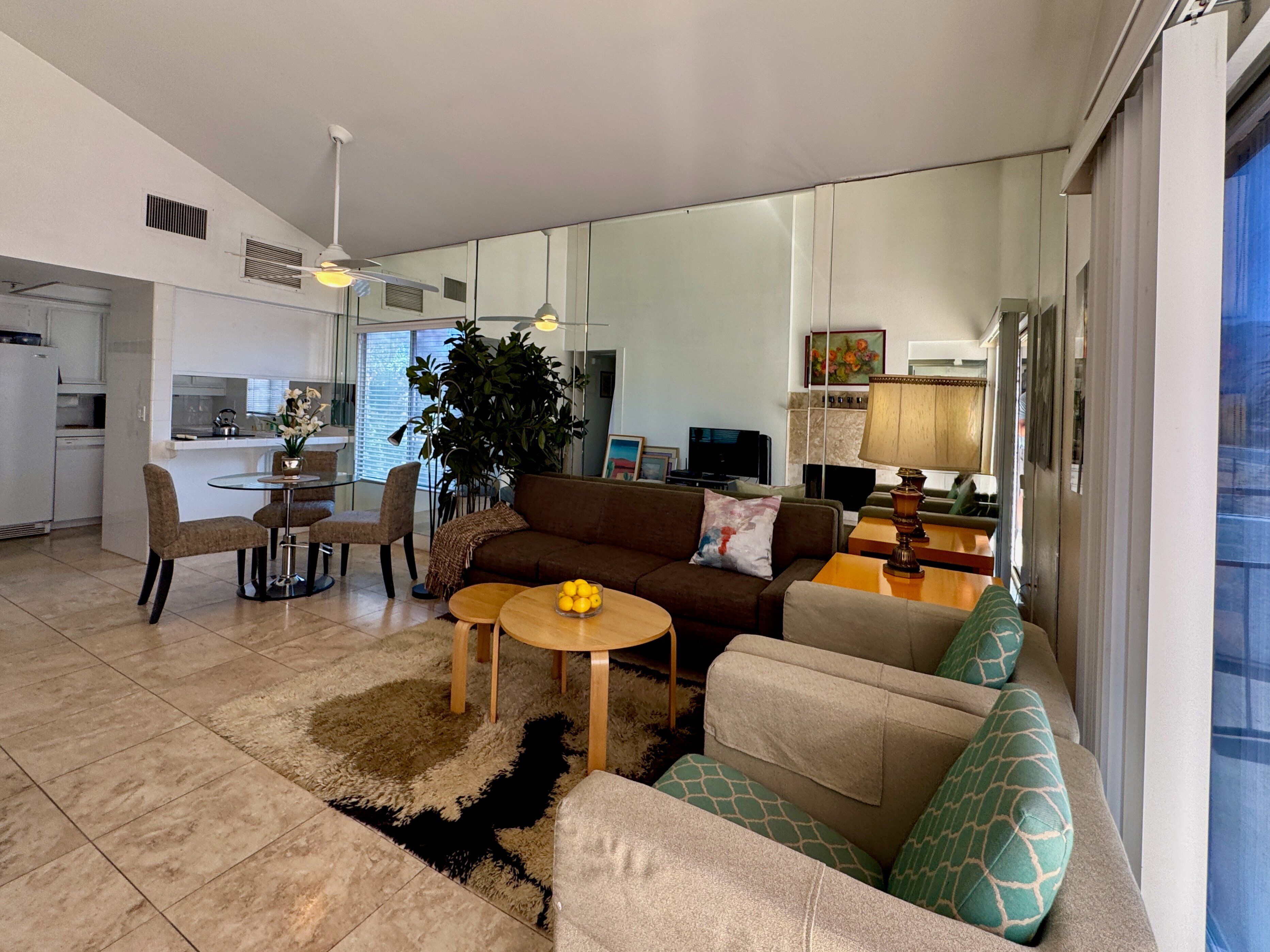 Smart TV, fireplace, books