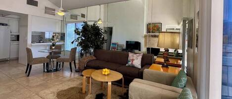 Smart TV, fireplace, books