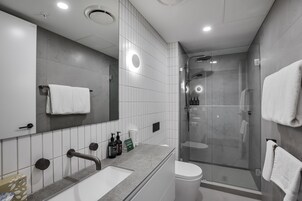 Shower, hair dryer, towels, soap