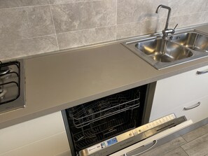 Fridge, microwave, dishwasher, coffee/tea maker