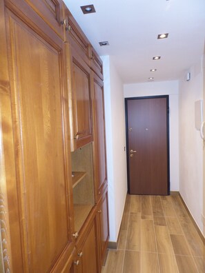 Classic wardrobe and door lead to a space.