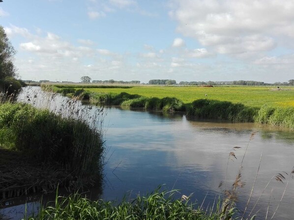 A calm river with grassy banks and a clear sky.