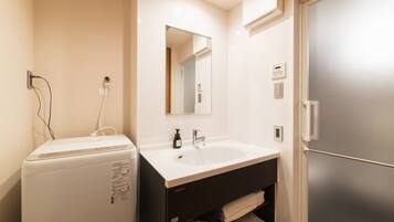 Separate tub and shower, hair dryer, slippers, electronic bidet