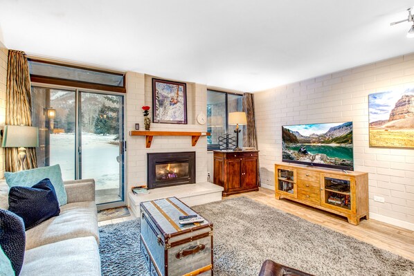 TV, fireplace, DVD player, video library