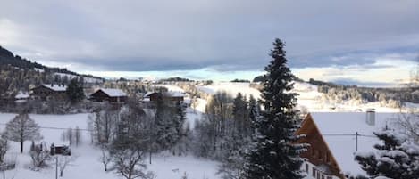 Ett snötäckt landskap med hus och träd.