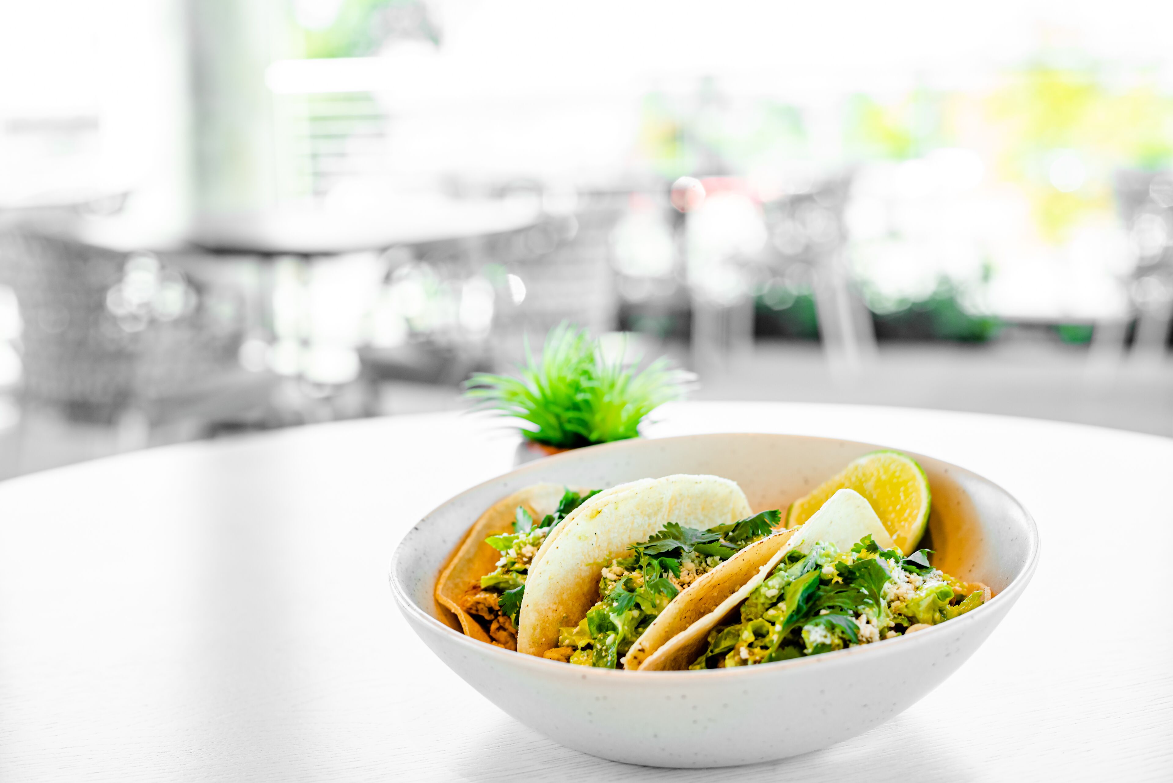 A bowl of tacos on a white table with a blurred background.
