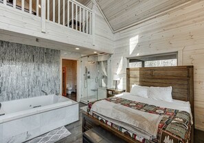 Shower, jetted bath, towels - Sky's the Limit Treehouse Cabin (Cleveland)