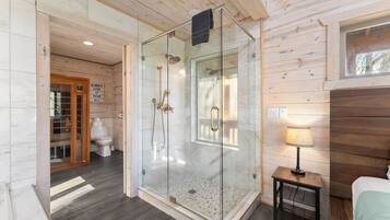 Shower, jetted tub, hair dryer, towels