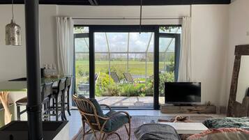 Een televisie, een open haard, boeken en een filmbibliotheek