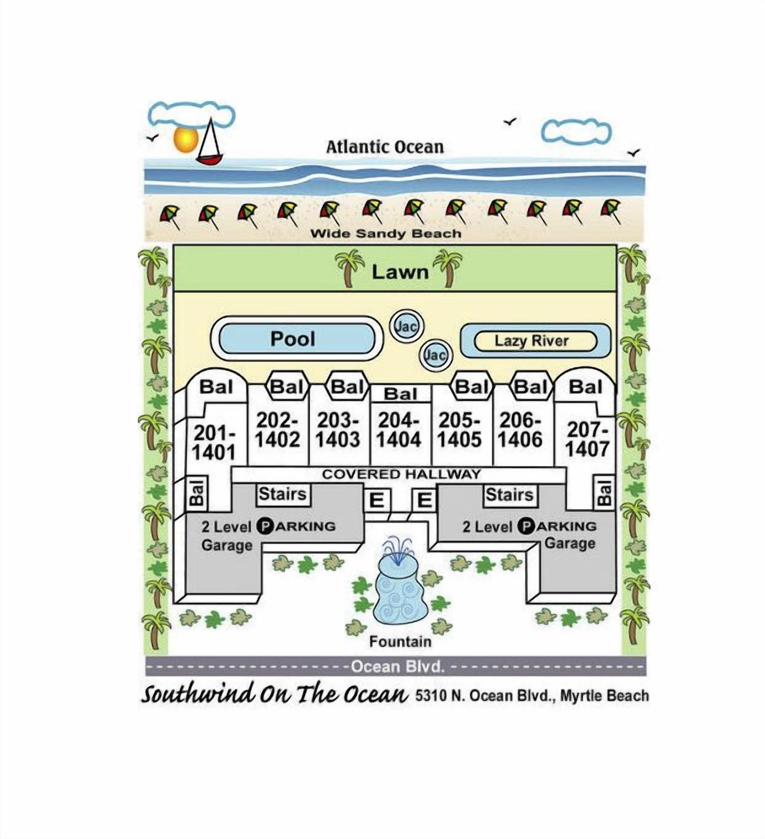 A hotel layout with a pool, lazy river, covered hallway, and parking.