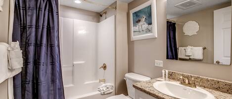 A bathroom with a shower, toilet, sink, and a mirror.