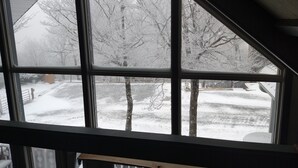 A view through a window with a snow-covered landscape, including trees and a building. - Welcome to the stunning Bergbewohner ski chalet! (Beech Mountain)