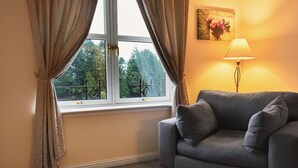 Une pièce avec un canapé gris, une fenêtre avec des rideaux, une lampe et un tableau au mur.