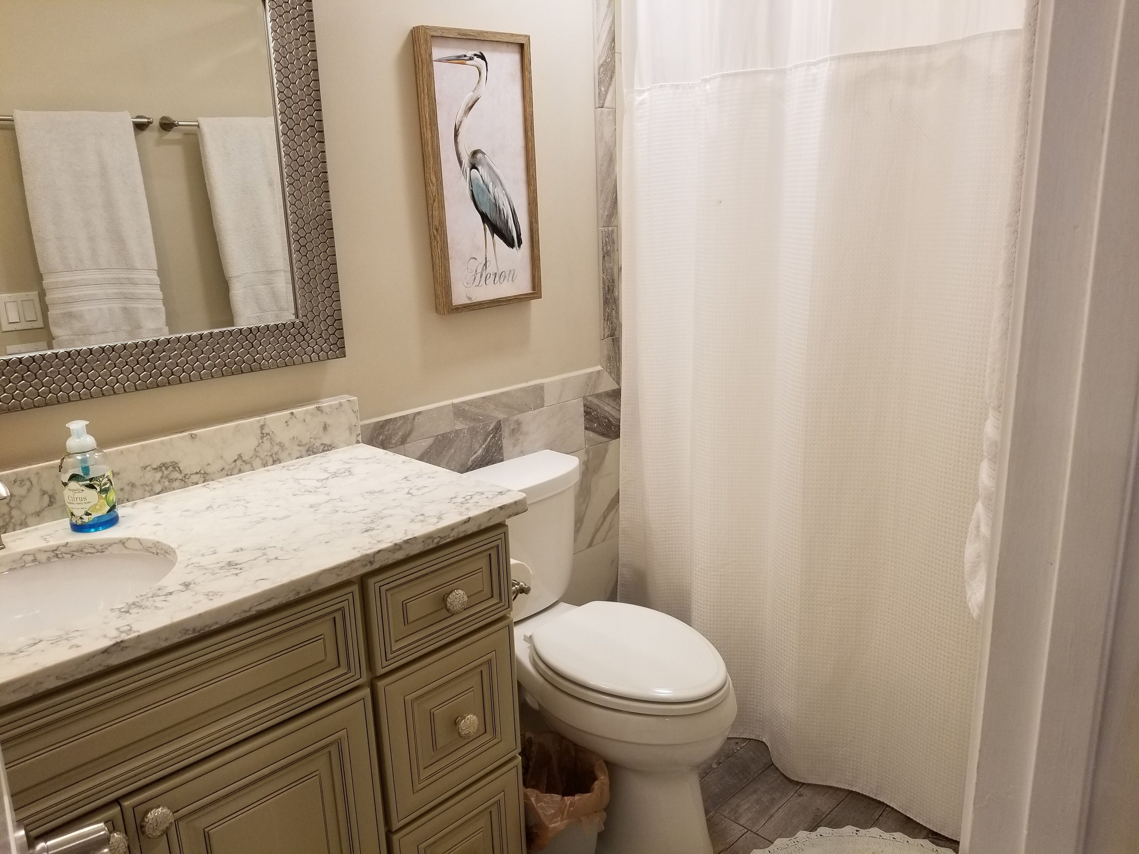 Un bagno con un lavabo in marmo, un water e una tenda per la doccia.