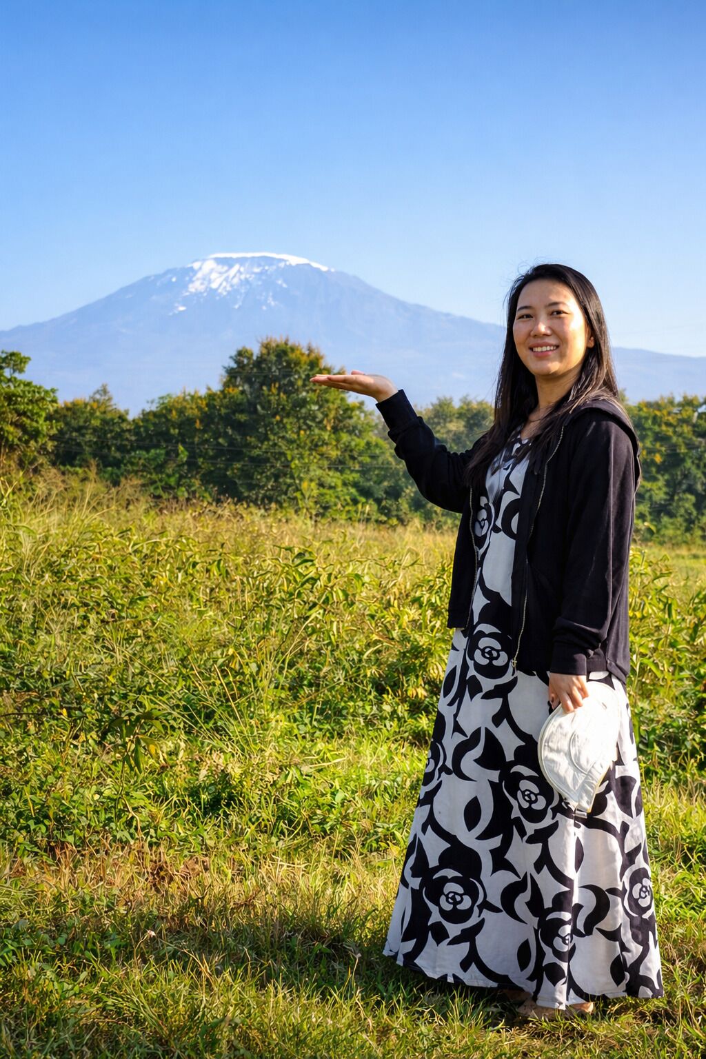 A person in a patterned dress standing in a grassy field with a mountain in the background.