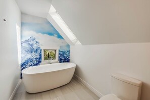 Combined shower/tub, hair dryer, towels