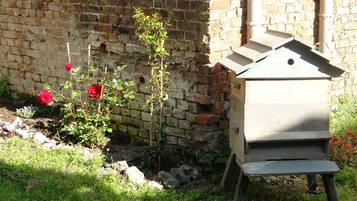 A beehive in a garden with a brick wall and a rose bush.