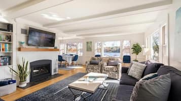 Smart TV, fireplace, books