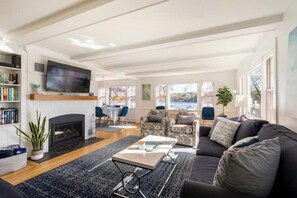 Smart TV, chimenea y libros 