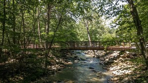 Un puente de madera sobre un arroyo rocoso en un bosque.