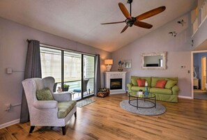 Smart TV, fireplace, books