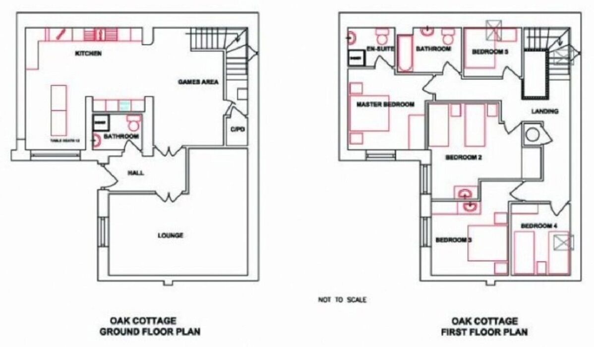 Two floor plans of Oak Cottage, including a ground floor plan with a kitchen, games area, lounge, and hall, and a first floor plan with multiple bedrooms, bathrooms, and a landing.