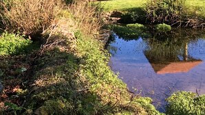 A rustic wooden structure with a sloped roof, situated in a lush green field with a small pond in the foreground. - Spacious,  Well Equipped Cottage Near South  Devon coast - Sleeps 10 (plus2) (Slapton, Near Kingsbridge)