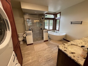 Combined shower/tub, hair dryer, towels, soap