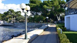 Un vialetto lastricato lungo un corso d'acqua, fiancheggiato da alberi e muri in pietra.
