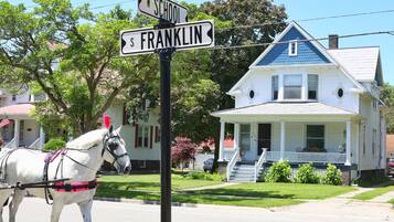 Een straathoek met een wit paard en koets, een huis met blauw dak, en straatnaambordjes voor W School St en S Franklin St.