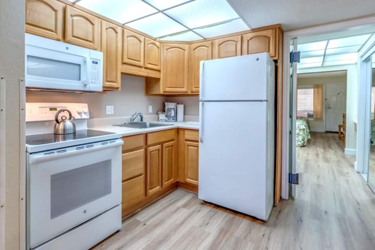 Full-sized fridge, microwave, oven, stovetop