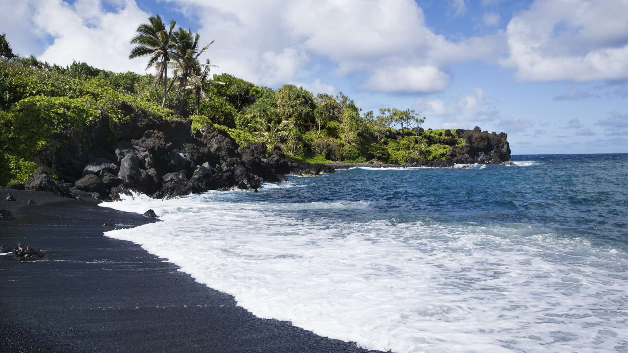 A black sand beach with waves, lush greenery, and rocky outcrops.