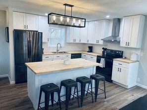 Full-sized fridge, microwave, oven, stovetop