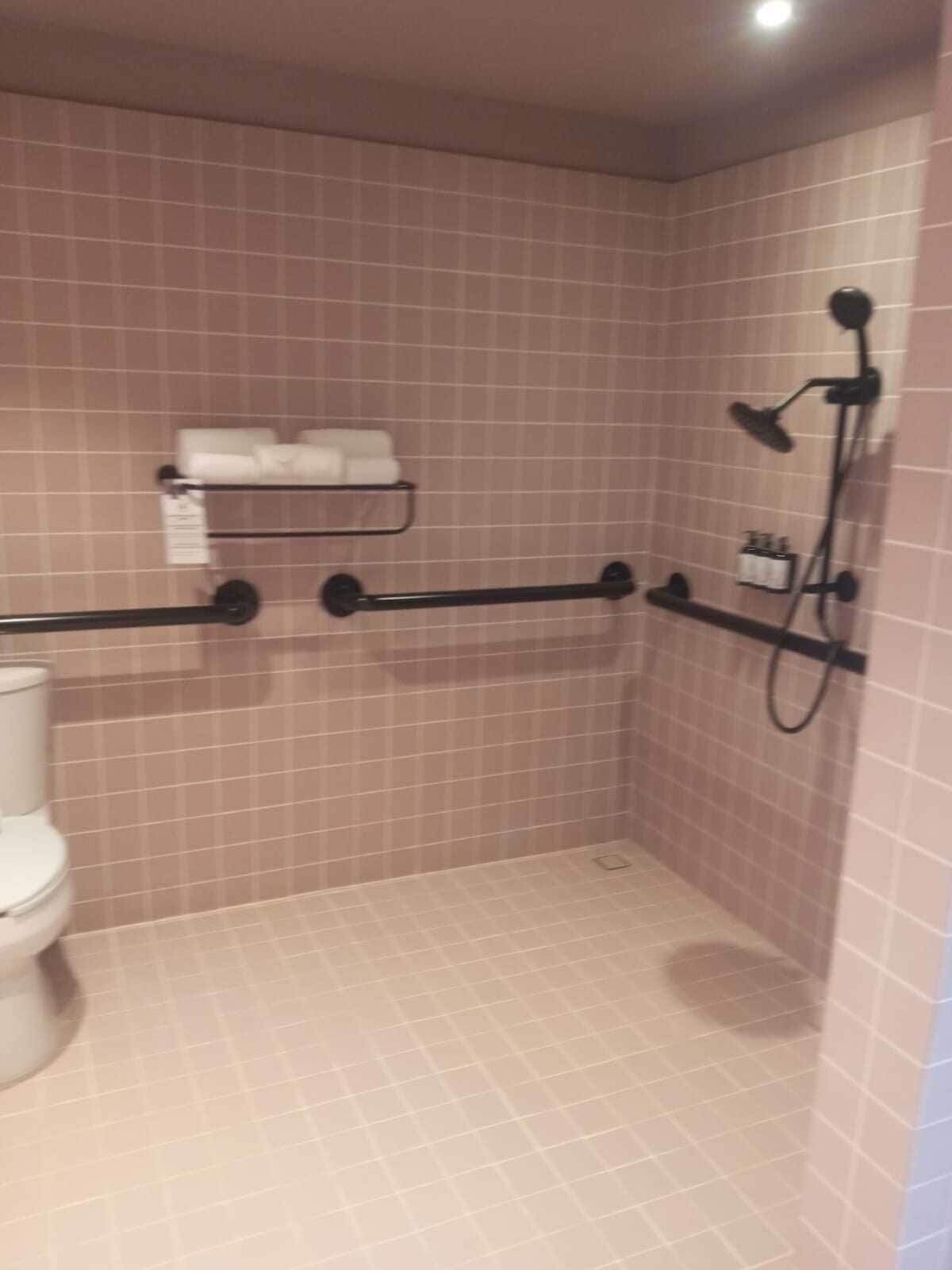 Een kleine badkamer met tegels, een toilet, een handdoekhouder en een douchehoek.