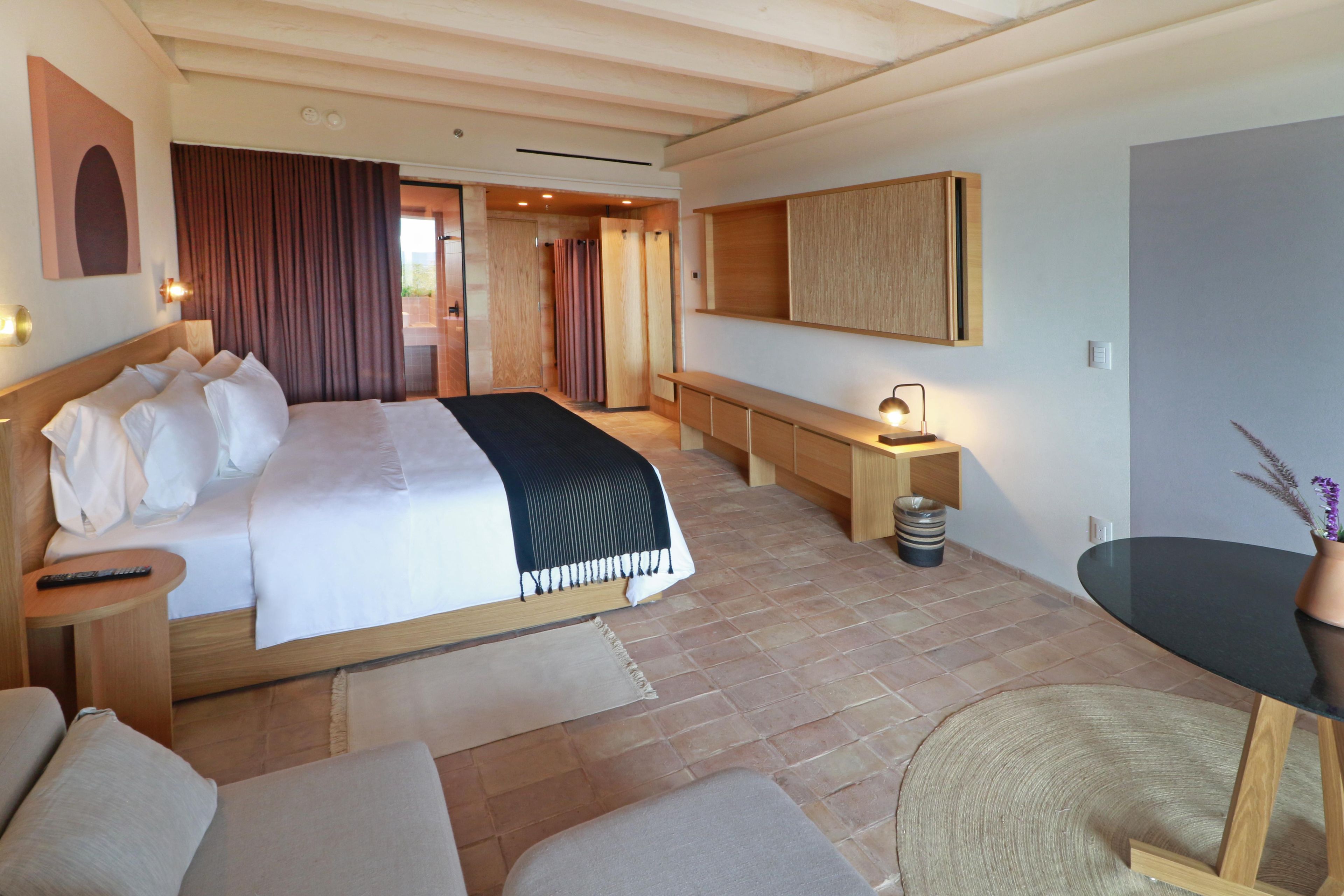 Habitación de hotel con una cama, mesitas de noche, un escritorio, una silla, una pequeña mesa y una planta en maceta.