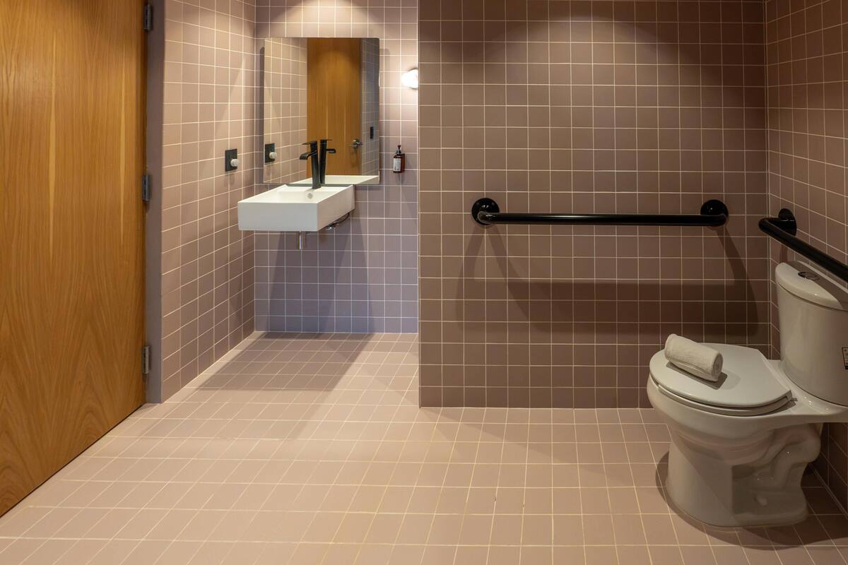 Room, 1 King Bed (Roll-In Shower) | Bathroom | Shower, rainfall showerhead, hair dryer, bathrobes