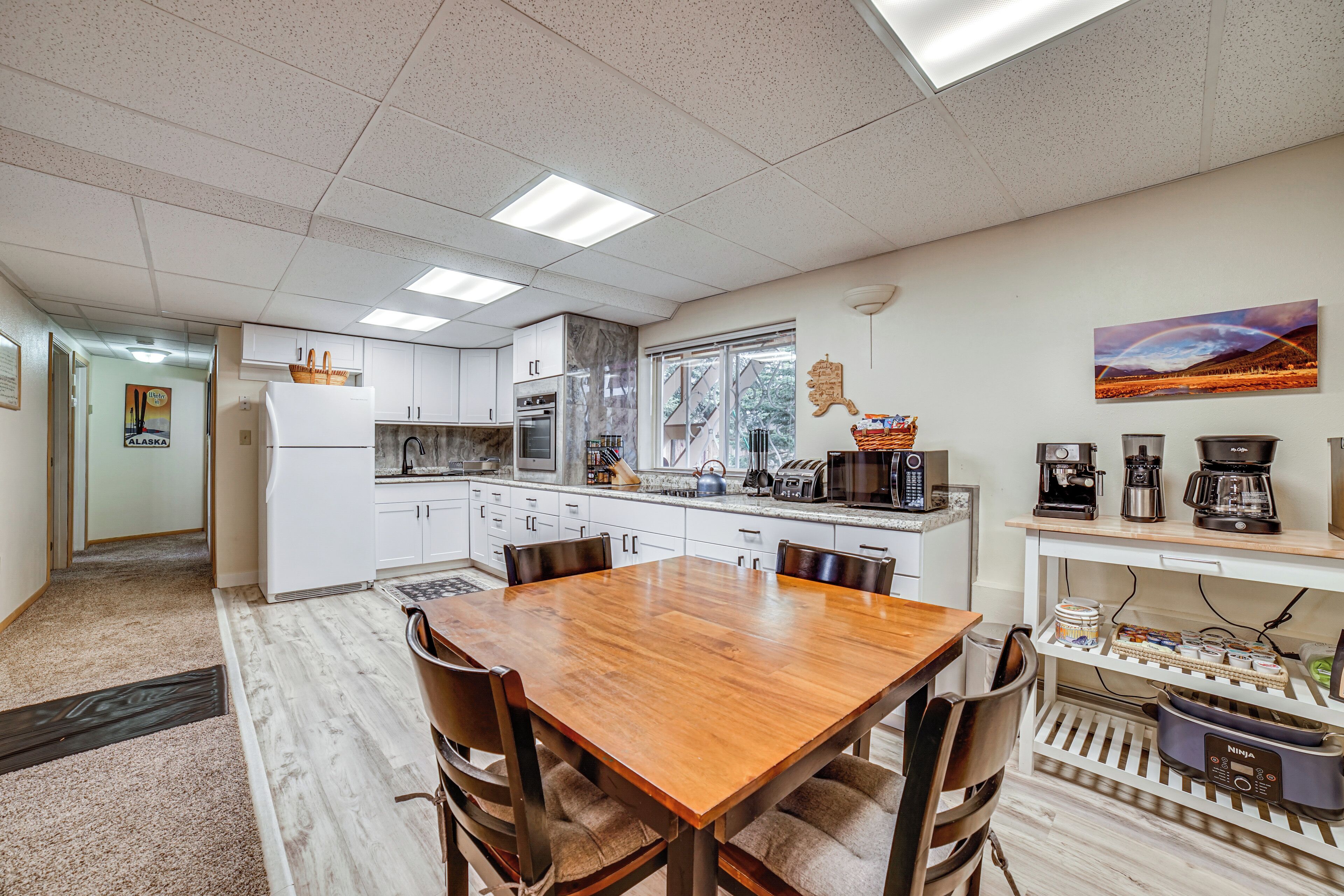 Fridge, microwave, stovetop, espresso maker
