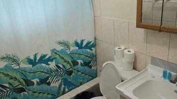 A bathroom with a toilet, a sink, a mirror, and a shower curtain with a tropical leaf pattern.