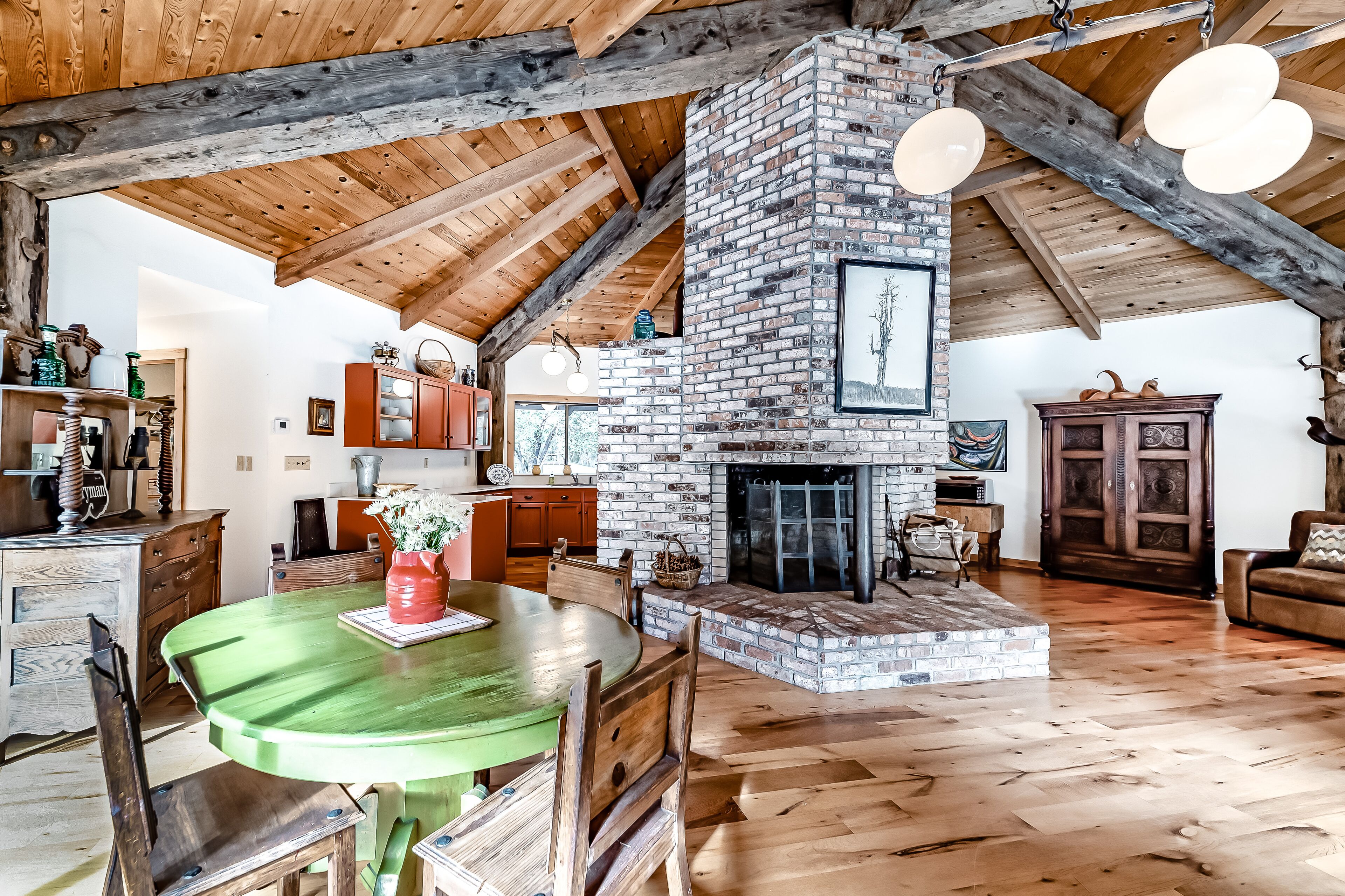 TV, fireplace, books