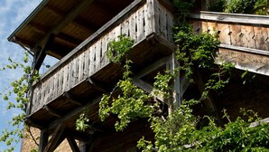A wooden balcony with climbing ivy, supported by a stone building. - Storage N ° 1 - Lily (Waren (Müritz))