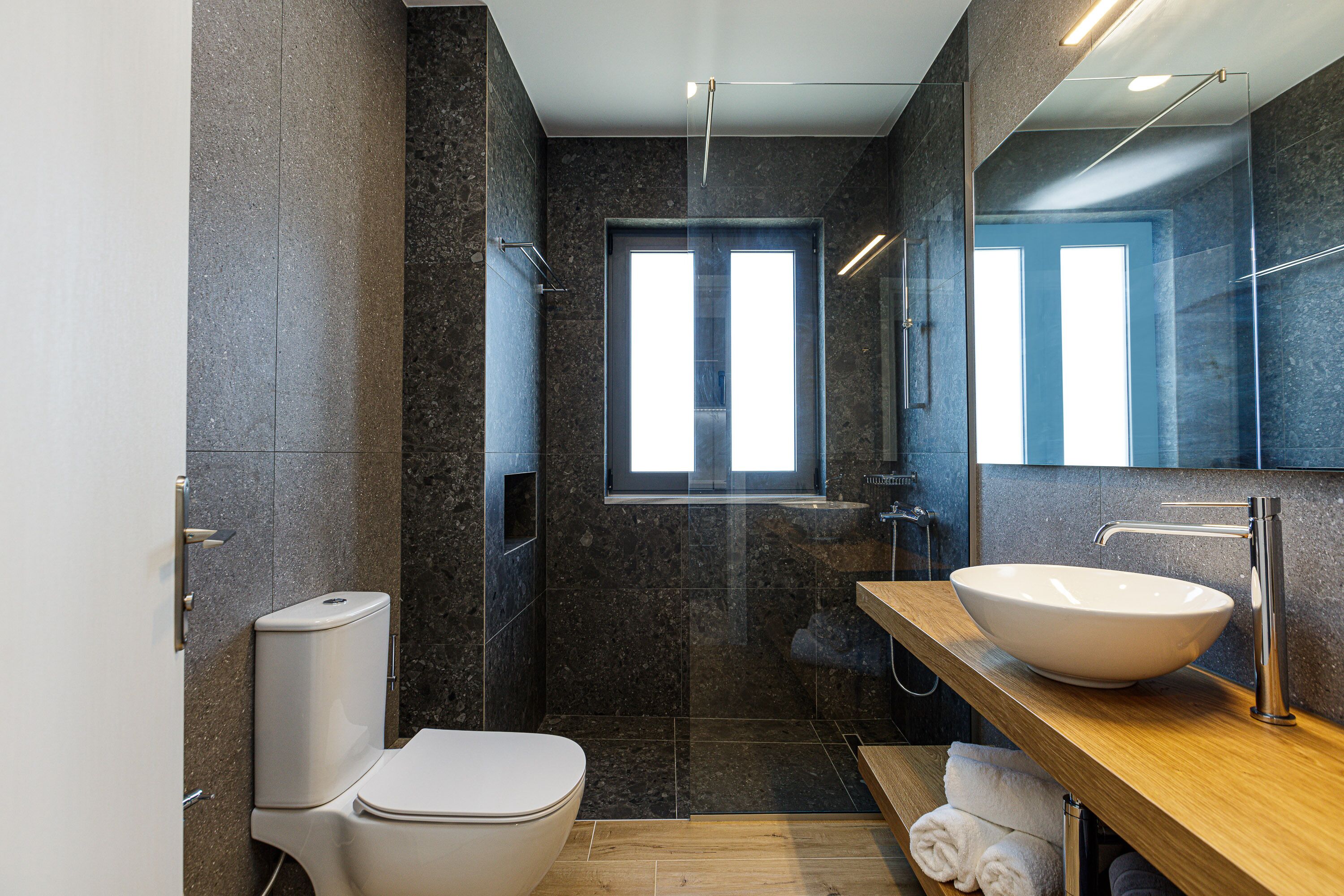 A modern bathroom with a large sink, a toilet, and a shower area.