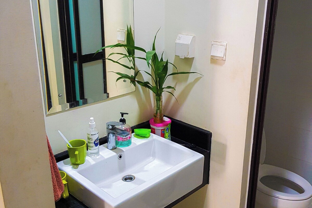 A bathroom with a white sink, a mirror, a potted plant, and a toilet.
