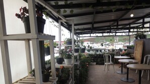 An outdoor patio area with potted plants on shelves and tables, a tiled floor, and a view of buildings in the background.