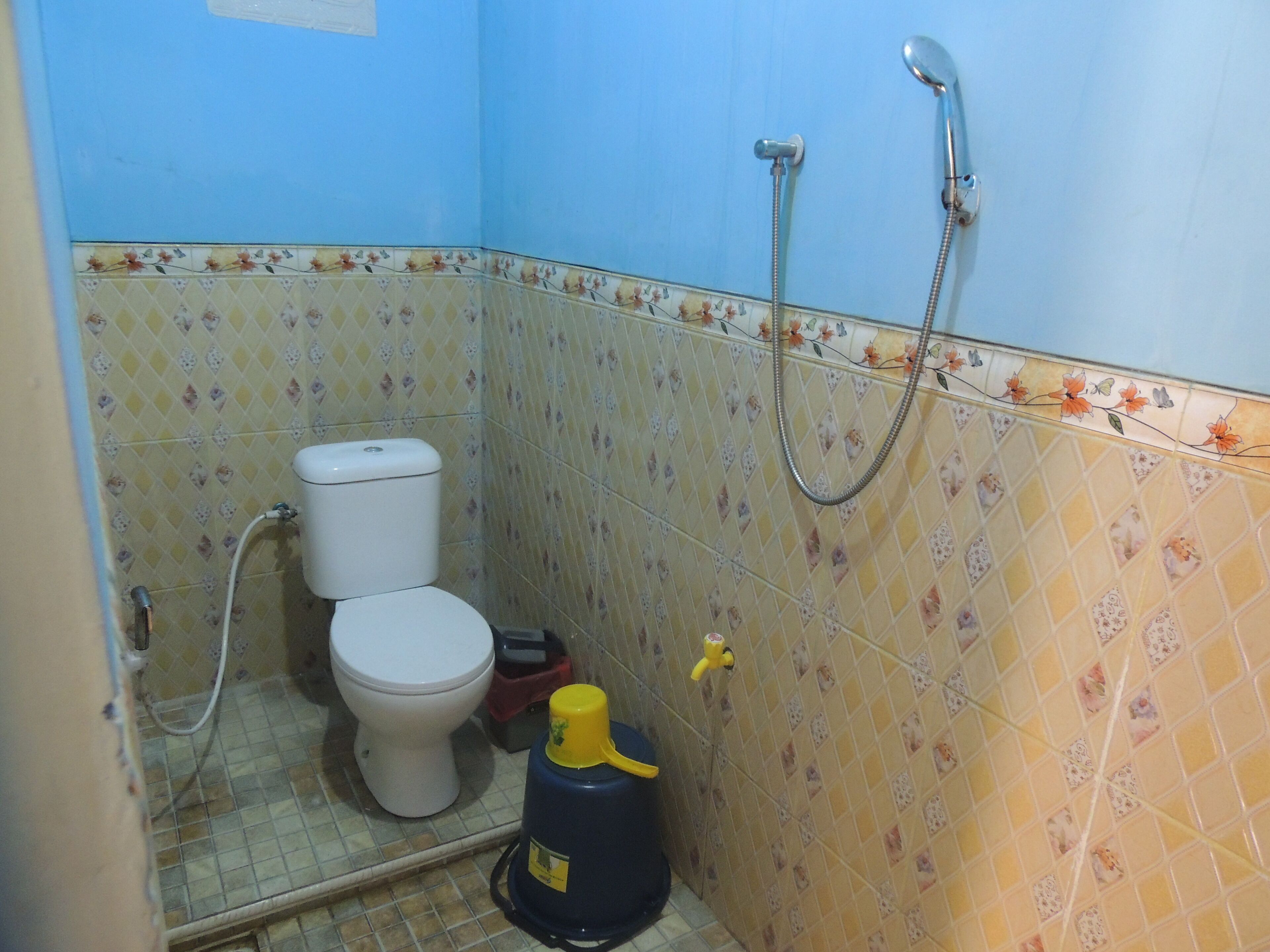 A small bathroom with a toilet, a shower, and a gas cylinder.
